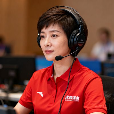 成都大运会转播团队李导播的肖像，短发干练女性，身穿红色转播团队polo衫，头戴专业监听耳机。